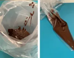 Step <p><span style="font-weight: normal;">Vierta el chocolate derretido, la temperatura no debe ser inferior a 32ºC.</span></p> illustration