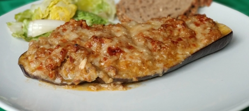 BERENJENAS RELLENAS DE JAMÓN Y LANGOSTINOS. "Receta rápida con ThermomiX"